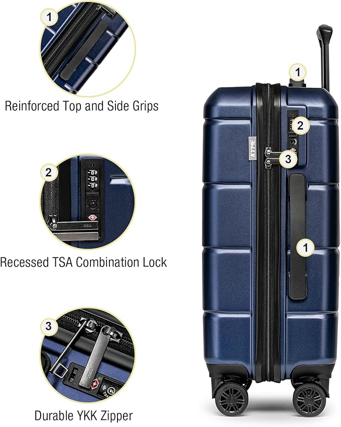 KYME Luggage Sets 3 Piece Hardshell 22in/26in/30in Suitcases with Spinner Wheels Hardside Suitcase Sets with TSA Lock Travel Rolling Luggage Set for Women Men Navy