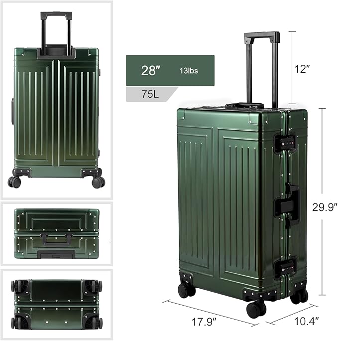 All Aluminum 20/28 Luggage Set，Cut from Whole Aluminum Sheet，22x14x9 Airline Approved ，（3rd Generation，Premium Metal zipperless suitcase ） (green, 20+28inch)