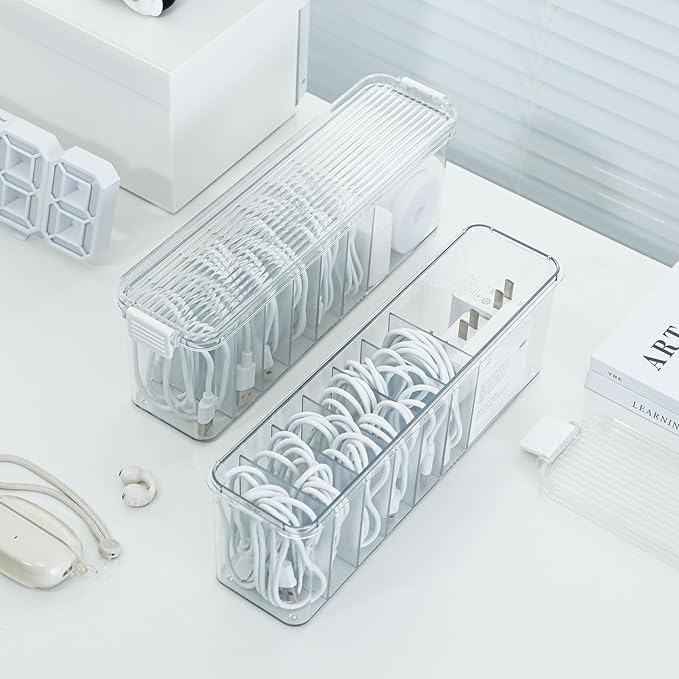 Yesesion 2 Pack Cord Organizer Box with Lid, Clear Desk Drawer Accessories Storage Case for Home Office Supplies, Art Crafts, Phone Charger, USB Cables, Marker Pen, Pencil Holder