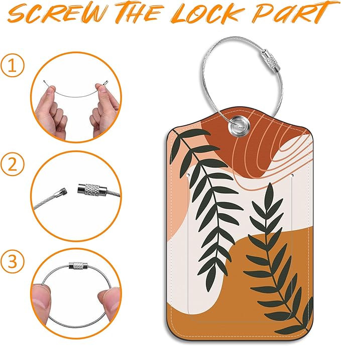 Boho Abstract Leaves Luggage Tag for Suitcase 2 Pack Leather Luggage Tag with Privacy Flap Name ID Label and Metal Loop for Women Men Travel