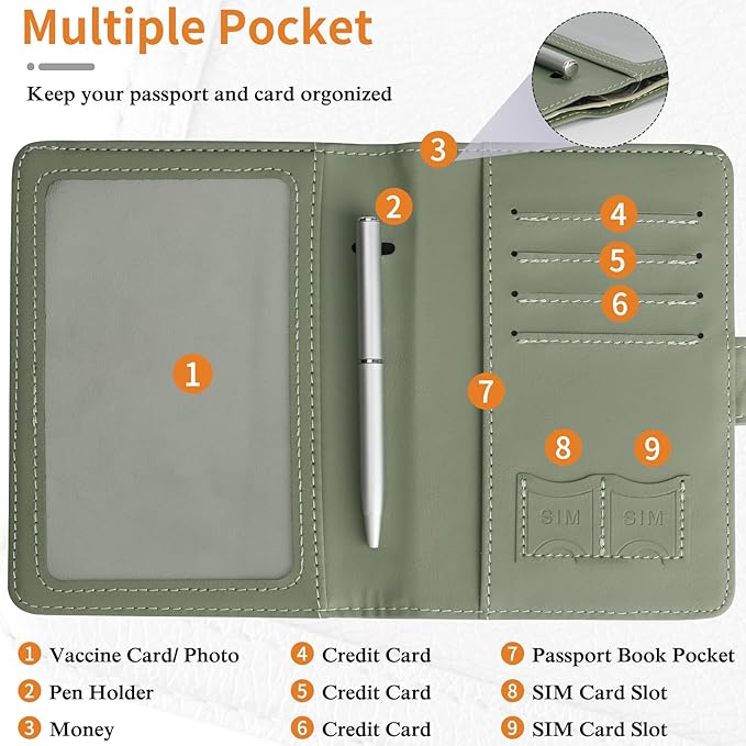 TIGARI Passport Holder for Travel Women Men, PU Leather Waterproof RFID Passport Holder Wallet Cover Case Sleeve, Family Vacation Plane Cruise Travel Document Organizer Essentials-Green