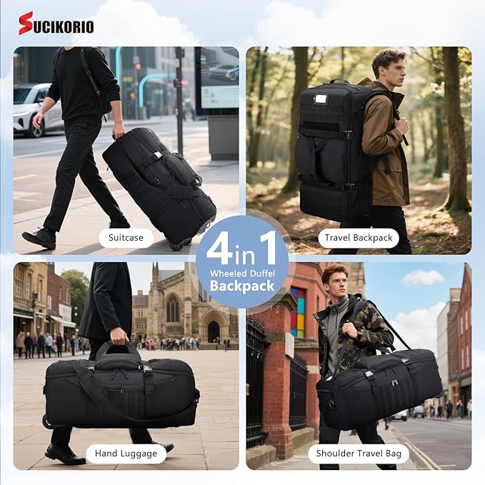 Tactical Travel Duffle Bag with Wheels and Handle 3 in 1 Large 85L XL Rolling Travelling Backpack Waterproof Oxford Carry On Hand Luggage Deployment Bags with Combination Padlock, Khaki