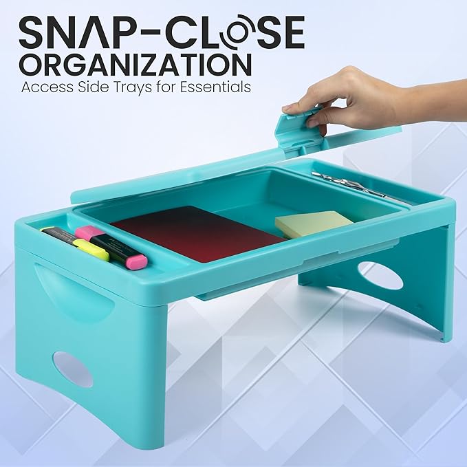 Loddie Doddie Foldable Lap Desk for Kids & Adults - Teal Blue Portable Plastic Table with Storage Pocket & Trays - Bed Desk, Car Tray & Travel Lap Table