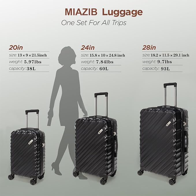 Hardshell Luggage Sets 3 Piece ABS+PC Travel Suitcase Hard Sided Luggage with Spinner Wheels Checked Luggage Durable Lightweight Hard Case Luggage (Black)