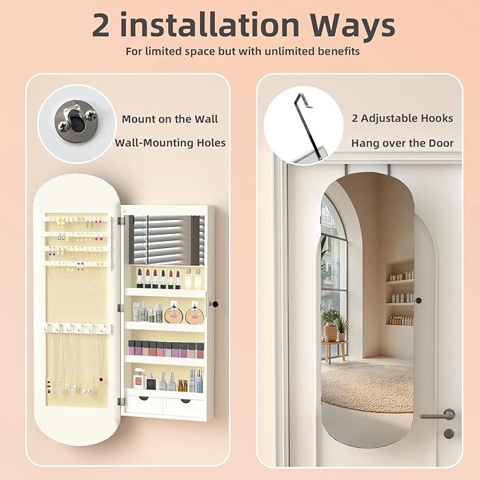RQZ 8 LEDs Mirror Jewelry Cabinet, Rounded Wide Jewelry Armoire Organizer, Wall or Door Mounted Lockable Jewelry Storage with Interior Mirror, 2 Drawers (43.7" H)
