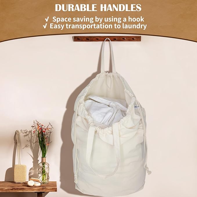 Canvas Laundry Bags with Handles & Square Base13.8"x 13.8", Large Heavy Duty Laundry Basket Hamper Liner, College Dorm Washable Drawstring Cotton Dirty Clothes Bag (Natural,2 Pack)