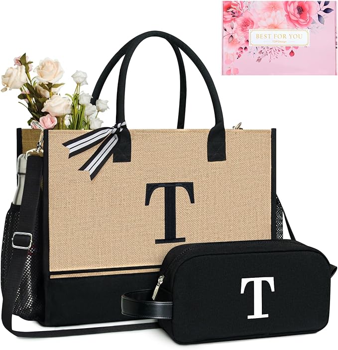 TOPDesign Personalized Initial Canvas Tote Bag, for Wedding, Birthday, Beach, Perfect Gifts for Women, Mom, Teachers, Friends