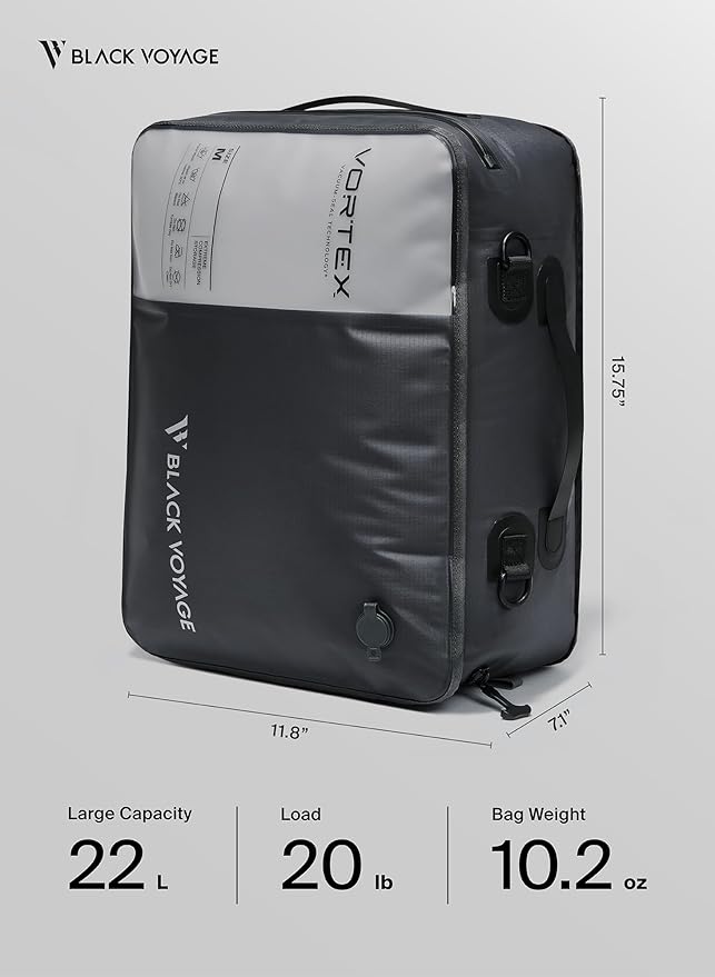 Black Voyage Reusable Vacuum Compression Travel Bag for Carry-On Suitcase and Backpack, Recycled IP67 Waterproof Space Saver Airback (2-Pack, 21L - No Pump)