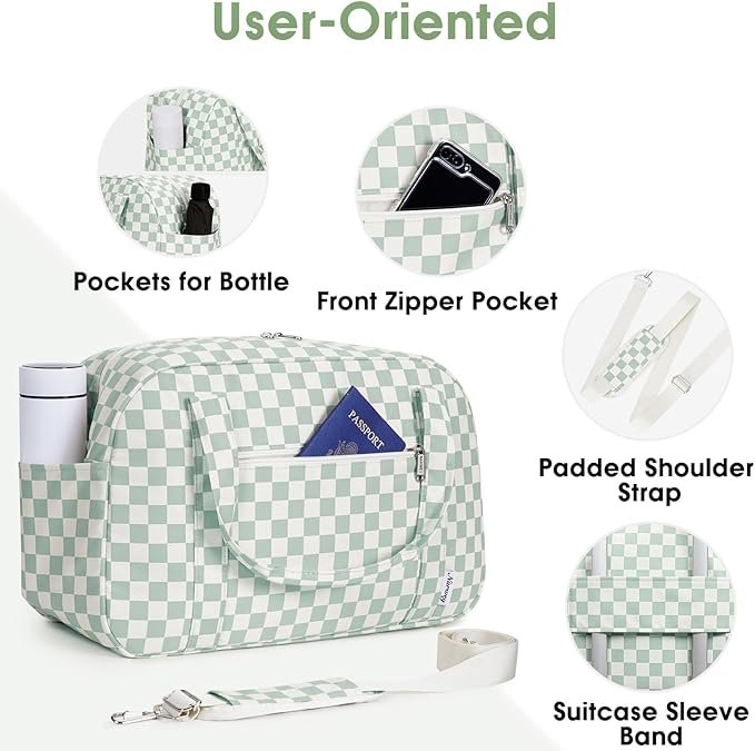 Narwey 18" Carry on Bag Underseat for Airplane with Wet Pocket Spirit Airlines Personal Item Bag Travel Duffel Bag Small Gym Bag Weekender Overnight for Women and Men (Mint Green Checkerboard)