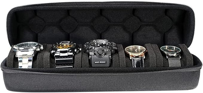 Hard Watch Travel Case, 5 slot Watch Roll Case Storage and Organizer for Men and Women, with anti-move watch pillow