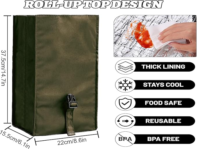 Insulated Foldable Lunch Bag- Lightweight Portable with Adjustable Shoulder Strap Lunch Box for Men, Women, Office, Work, Picnic, Hiking and Beach (Army Green(Soft Fabric))