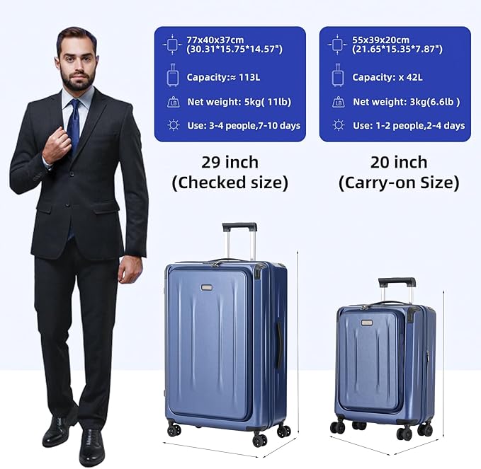 Carry On Luggage, 20Inch Top Opening Airline Approved ABS+PC Hard Shell Suitcases with Silent Wheels, TSA Lock,Front Pocket and Wet-dry Separated Six-piece Set (Dark Blue, 20 Inch)