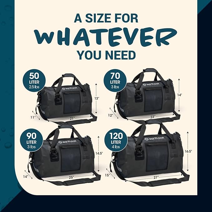 Earth Pak Waterproof Duffel Bag - Heavy Duty Motorcycle Dry Bag with Large Storage Space Perfect for Traveling, Camping, Kayaking, Fishing & Canoeing Bag 50L/70L/90L/120L Sizes