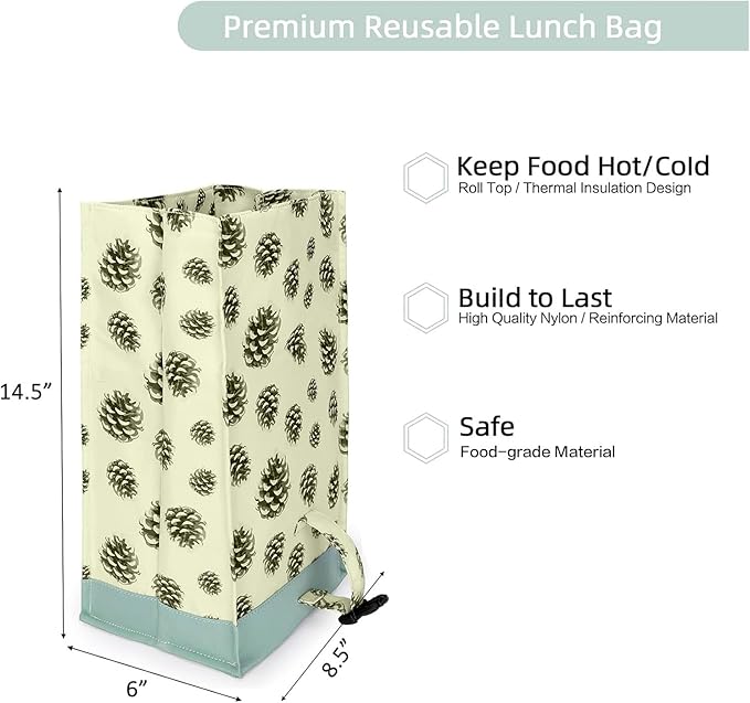 SUNNY BIRD Insulated Lunch Bag Rolltop Lunch Cooler Cute Lunch Box for Girls, Teens and Kids (Pinecone)