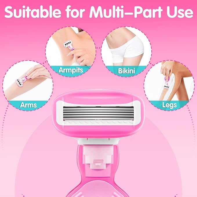 DreamGenius Travel Razors for Women Include 1 Handle and 5 Cartridges, Extra Smooth 5-Blade Travel Essentials Razor with Case for Shaving, Pink