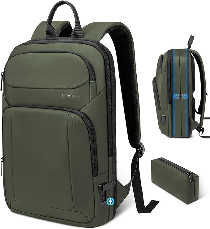 Backpack for Men Slim & Expandable Travel Laptop Backpack with USB Charging Port Water Resistant Anti-Theft Business Backpack Fits 15.6 Inch Laptop for Commute Work College with Small Bag(Olive Green)