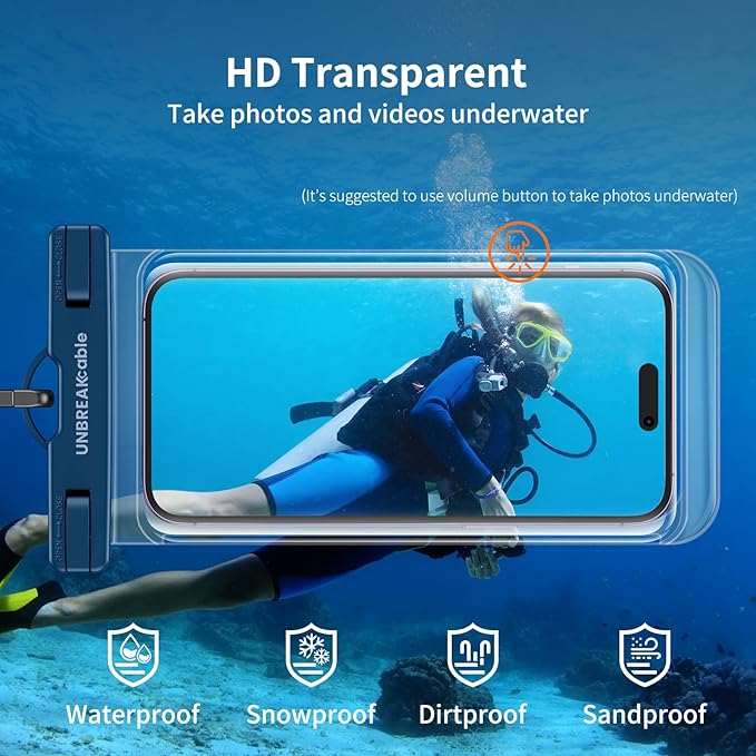 UNBREAKcable Waterproof Phone Pouch-2 Pack IPX8 Waterproof Phone Case for iPhone 16 15 14 13 12 11 Pro Max & Samsung S25 S24-Dry Bag & Travel Essentials for Beach, Pool, Kayak & Cruise-7" Black+Blue