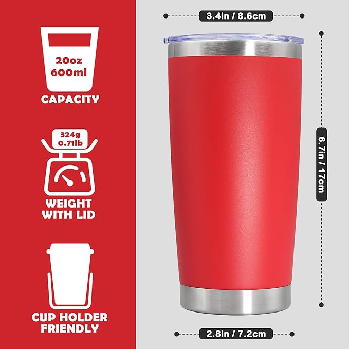 20oz Tumbler Stainless Steel Tumbler Cup with Lid Vacuum Insulated Double Wall Travel Mug, Durable Powder Coated Travel Coffee Tumbler Mug for Hot & Cold Drinks, Red,1 Pack