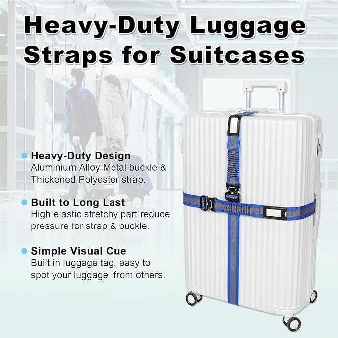 Vigorport Luggage Straps for Suitcases 2 Pack, Heavy Duty Metal Buckle Luggage Belt Strap, TSA Approved Suitcase Belt, Stretchable Travel Strap for Luggage (Blue, 42"-72" Long)