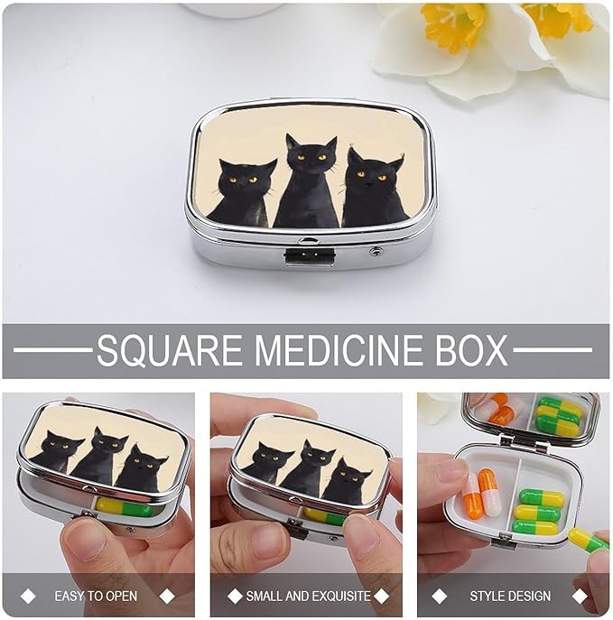 Metal 2 Compartment Pill Organizer Travel Friendly Portable Compact Pill Box Cute Pill Case to Hold Vitamins,Fish Oil,Supplements,Meds,Tablet for Purse,Pocket. (Three Cats)