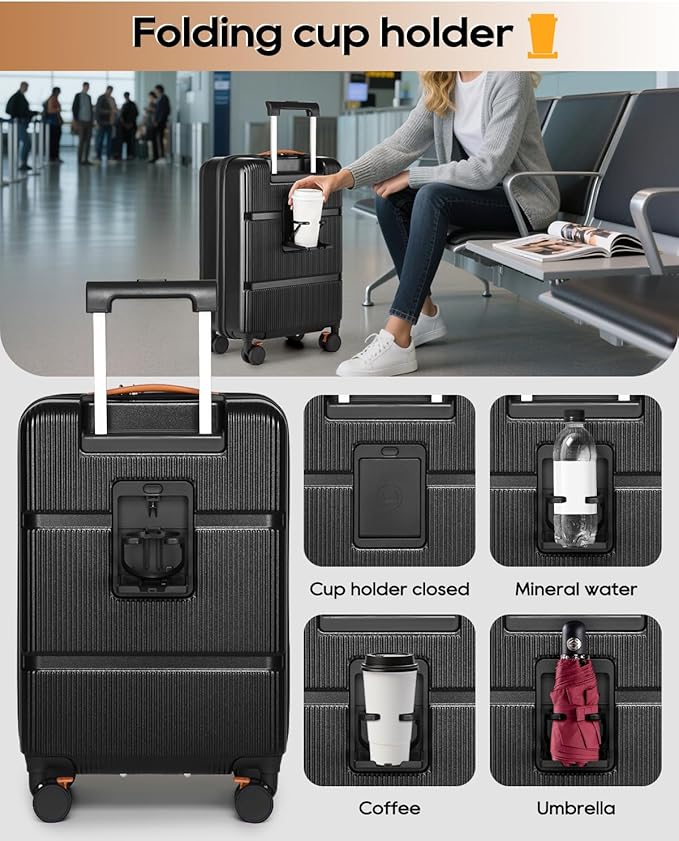 Joyway Carry on Luggage Airline Approved with Front Pocket, Hardside 20 Inch Travel Luggages with Cup Holder, Carry-on Suitcase with Spinner Wheels for Men and Women (Black, 20 Inch)