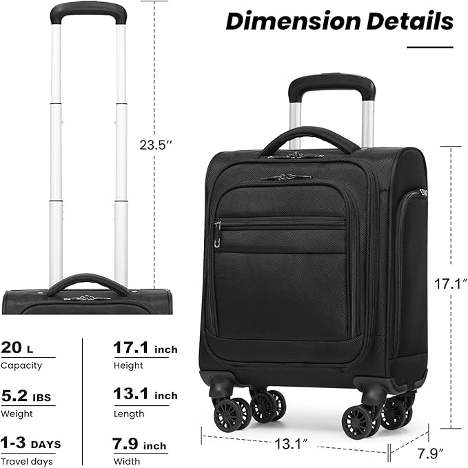 Coolife Underseat Carry On Luggage Suitcase Softside Lightweight Rolling Travel Bag Spinner Suitcase Compact Upright 4 Dual Wheel Bag