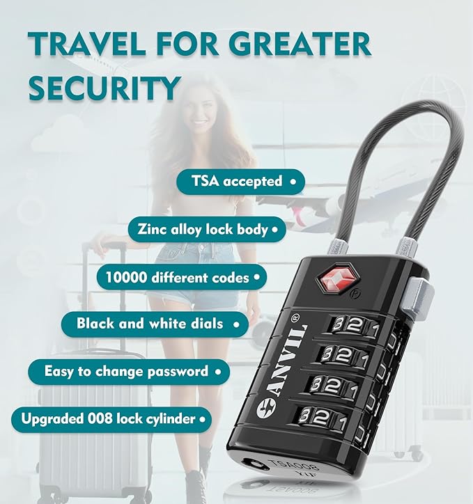 ANVIL 4 Digit Luggage Locks, TSA Locks for Luggage, Advanced TSA008 core, Alert Indicator for Your Travel Lock, Suitcase Lock. (1, Black)