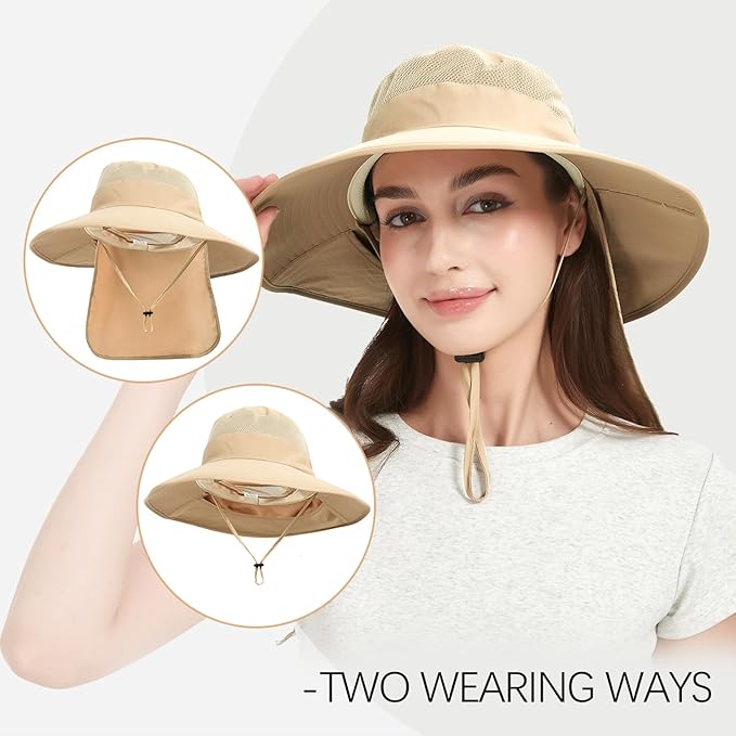 Fishing Hat Breathable Wide Brim Sun Hats with Neck Flap Bucket Hat Outdoor Safari Hat for Men Women UPF 50+ Sun Protection