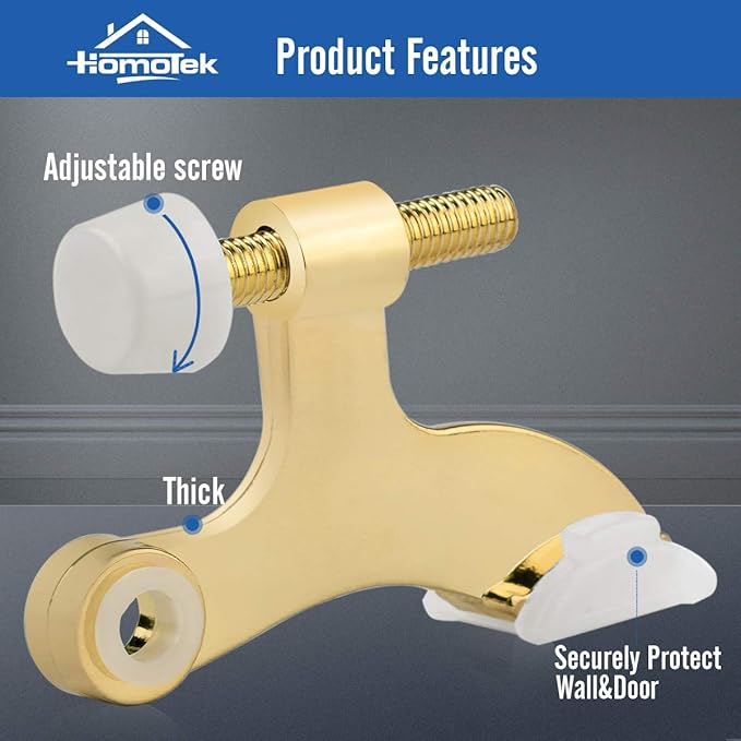 HOMOTEK 2 Pack Hinge Pin Bright Brass Door Stopper, Gold Door Stops, Adjustable Deluxe Heavy Duty Door Stopper 2-1/2"x1-3/4”,with White Rubber Bumper Tips