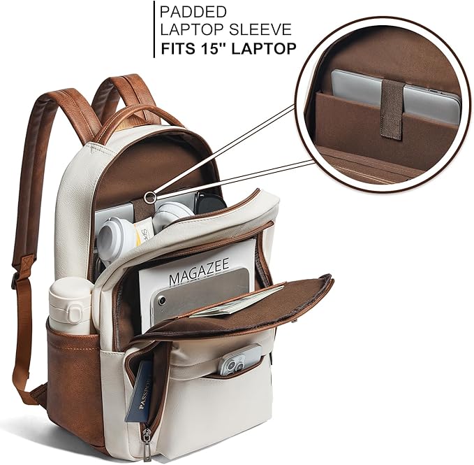 30L Business Laptop Backpack for Women Men, Travel Work Backpack Purse Faux Leather College Bookbag fits 15.6" Laptop - Beige