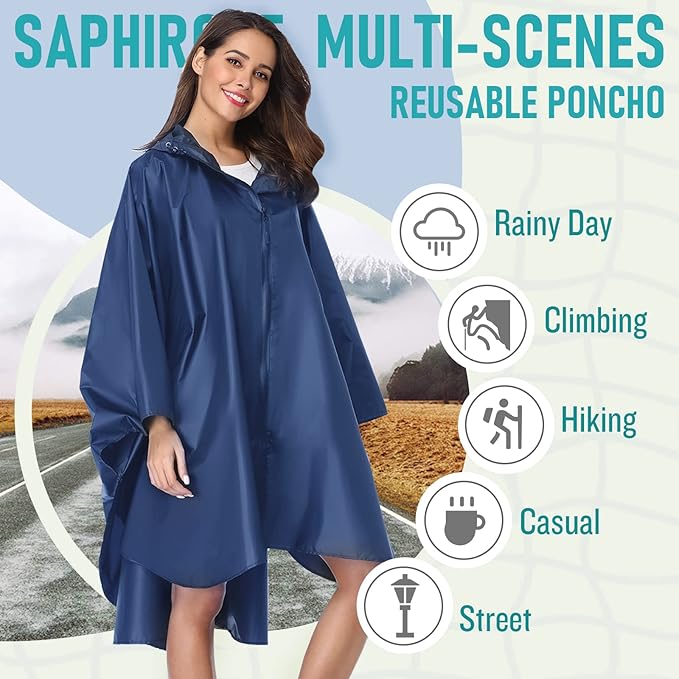 SaphiRose Rain Poncho Jacket Coat Hooded for Adults with Pockets