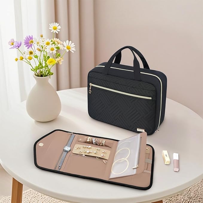BAGAIL Hanging Toiletry Bag for Women Water-resistant Cosmetic Bag Large Capacity Travel Makeup Organizer for Full-Sized Travel Essentials(Classic+Jewelry Bag, Black)