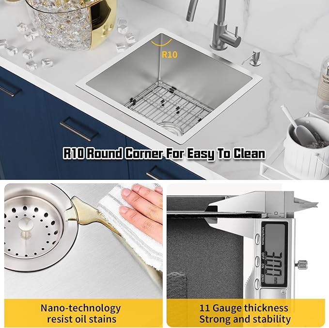 Small Kitchen Sink,18x18 In Bar Sink Stainless Steel Undermount Small Kitchen Sink Ideal Choice For Small Space Nice As Undermount Prep Sink,RV Kitchen Sink With Bottom Grid,Silicon Mat And Drain Set
