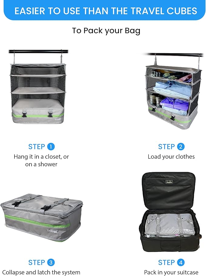 Stow-N-Go Travel Luggage Organizer – Portable Hanging Travel Shelves, Carry-On Closet Organizer, Hanging Packing Cubes, Collapsible Carry-On Organizer for Cruises & Hotels. Light Gray - XL