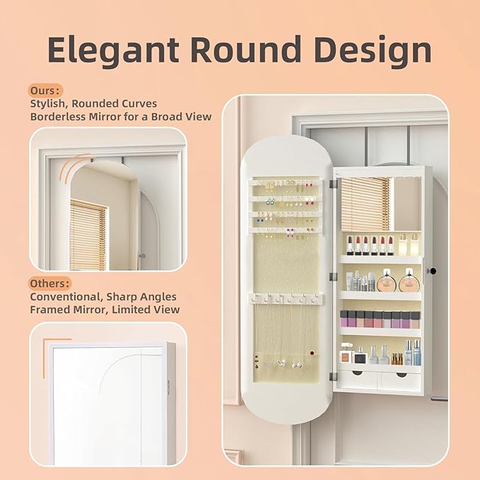 RQZ 8 LEDs Mirror Jewelry Cabinet, Rounded Wide Jewelry Armoire Organizer, Wall or Door Mounted Lockable Jewelry Storage with Interior Mirror, 2 Drawers (43.7" H)