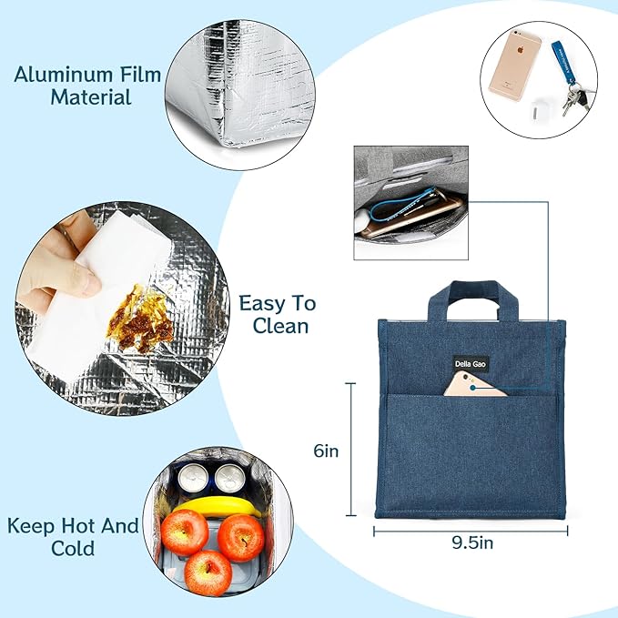 Della Gao Insulated Lunch Bag for Women Men, Waterproof Small Lunch Tote Lunch Box, Reusable Lunch Bags for Work, Party, Travel and Picnic (Blue)