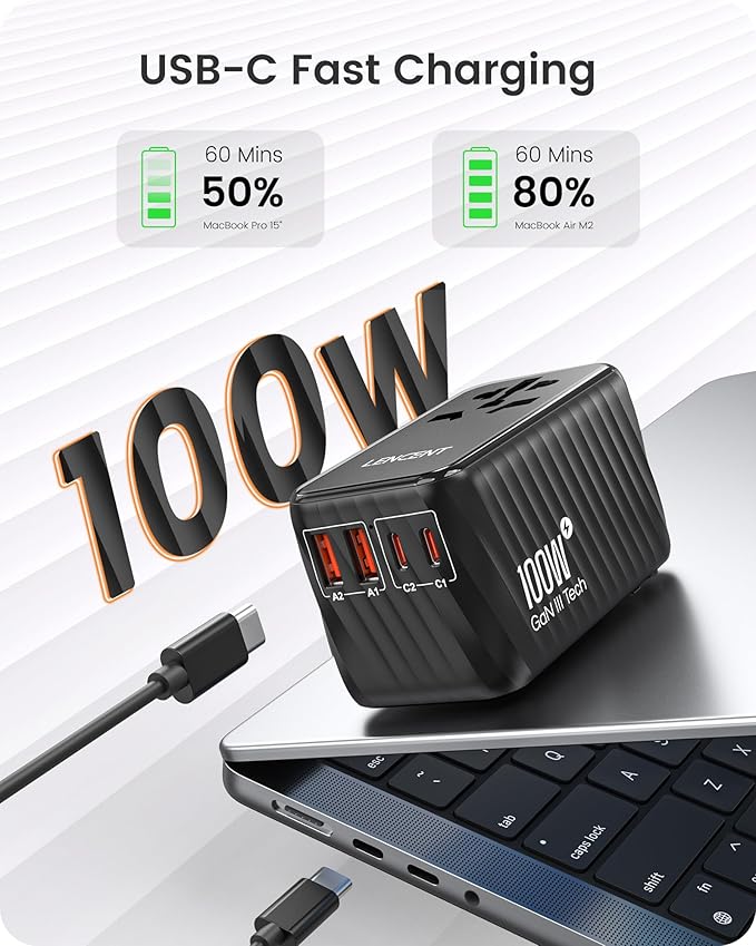 LENCENT Universal Travel Adapter, 100W GaN International Fast Charger with 2 PD3.0 Type C+2 QC USB A, Worldwide Power Adaptor for Phones,Laptops, All in One Travel Essentials for EU/USA/UK/AU, Black