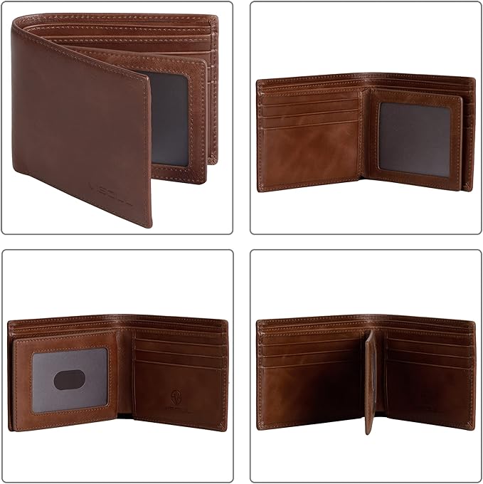 VISOUL Leather Wallets Bifold for Men with 2 ID Windwows, Men's Designer Card Holder Wallets with RFID Blocking (Brown)
