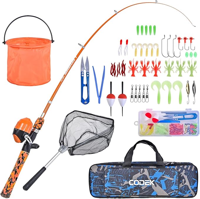 CODEK Kids Fishing Pole Set with Full Starter Kits 2 Set Portable Telescopic Fishing Rod and Spincast Reel Cambos with a Fishing Net and 2 Buckets for Boys Girls and Youth