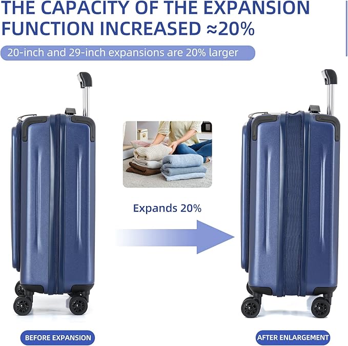 Carry On Luggage, 20Inch & 29 Inch Top Opening Airline Approved ABS+PC Hard Shell Suitcases with Silent Wheels, TSA Lock,Front Pocket and Wet-dry Separated Six-piece Set (Dark Blue, 20Inch & 29 Inch)