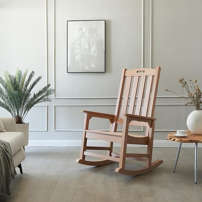 Psilvam Oversized Outdoor Rocking Chair Set of 2, Porch Rocker with 21" Wide Seat and 32" Tall Backrest, Pre-Assembled with Most Components for Effortless Installation (Teak Color)