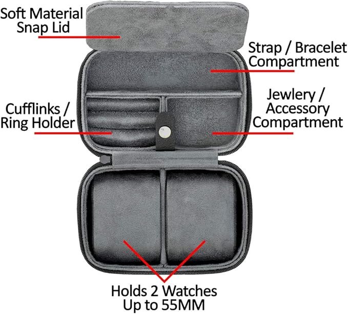 ROTHWELL 2 Watch Travel Case Storage Organizer for 2 Watches | Tough Portable Protection w/Zipper Fits All Wristwatches & Smart Watches Up to 50mm (Black/Grey)