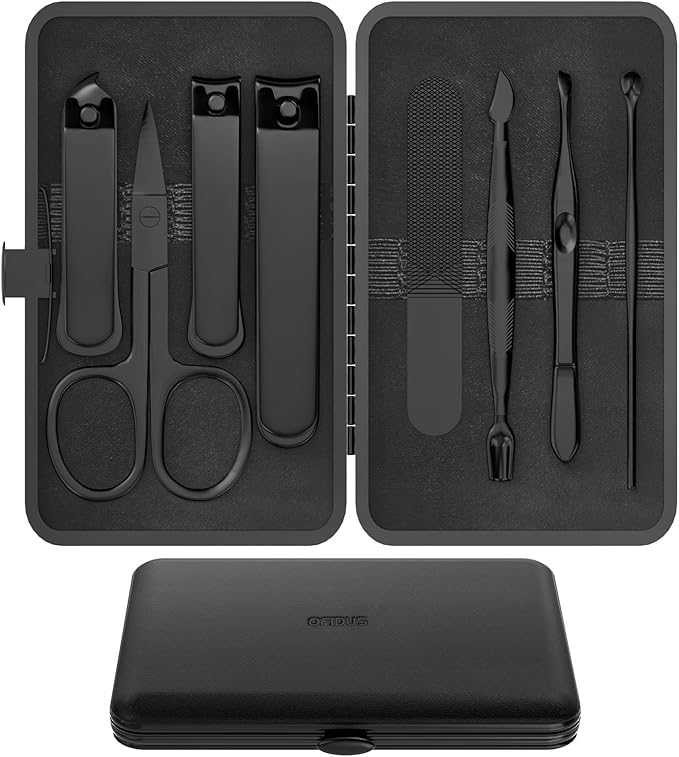 Precision 8 Pieces Men’s Nail Grooming Travel Kit, Stainless Steel Manicure Set with Fingernail & Toenail Clippers, Nail File, Slant Tip Tweezers, Cuticle Scissors, Cuticle Pusher, Travel Case