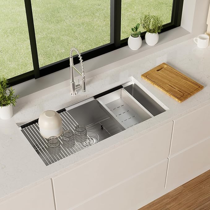 36 Inch Workstation Kitchen Sink, TECASA Undermount Deep Single Bowl, 16 Gauge Stainless Steel with Integrated Ledge and Accessories, World-Class Manufacturing Standard (18" x 36" x 10")
