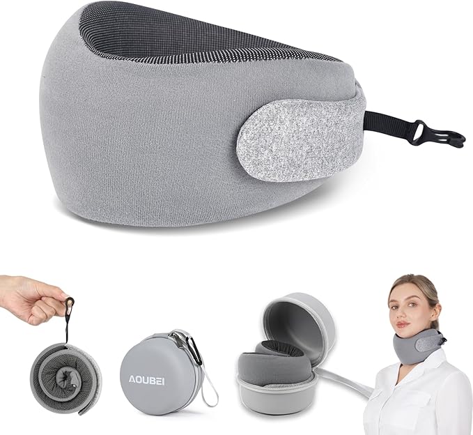 Compact Travel Pillow with Adjustable Straps & Washable Cover, Portable Neck Pillow Airplane with Case & Hook, Chin Support Pillow Relieves Pain & Pressure for Trips, Office, Car & Home Use