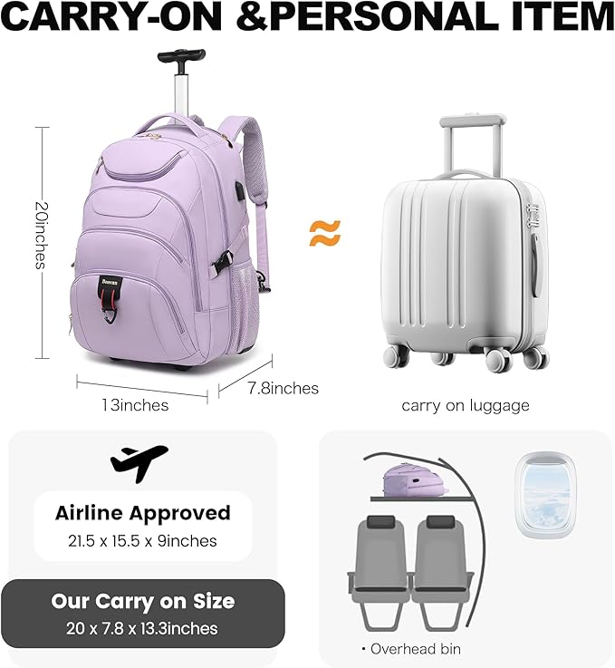 Boavan Rolling Backpack for Women, 17.3 Inch Wheeled Laptop Backpack,Large Travel CarryOn Bag for Teachers College Students, USB Charging Port Waterproof Business for Airplane Overnight Luggage，Purple