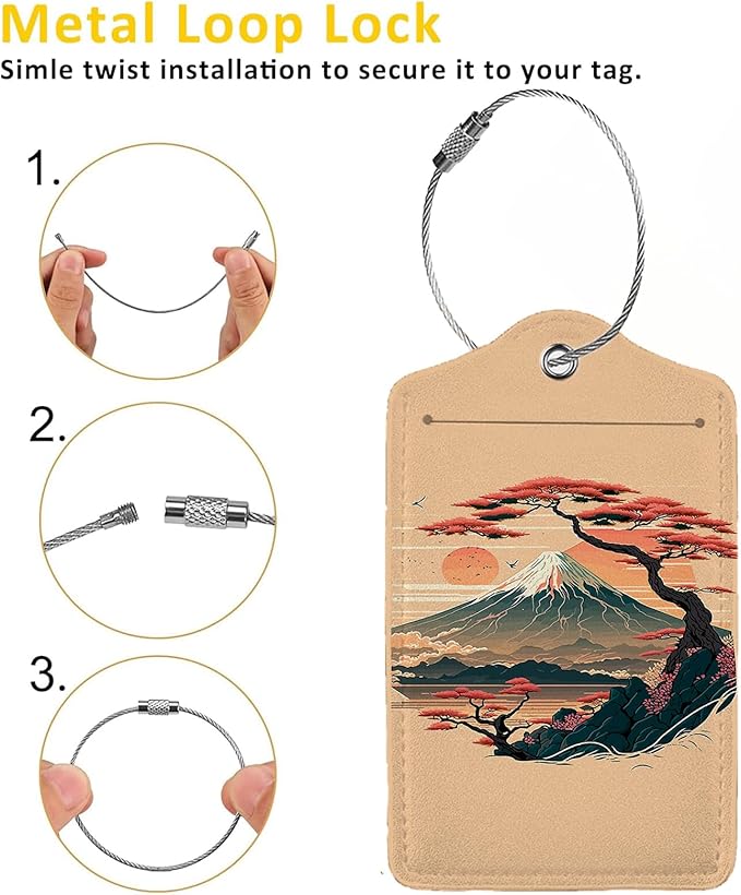 Mount Fuji and Sea 2 Pack Luggage Tag for Suitcase, Leather Bag Tags Identifiers Privacy Cover ID Label with Steel Loop for Women Men Kids Girls Travel