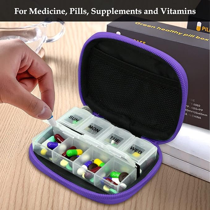 Serfeymi Weekly Travel Pill Organizer Pill Case for Purse with Removable 7 Day Pill Box, Fashionable Travel Medicine Organizer Pill Container for Medicine, Vitamin, Supplement - Bloom 01 + Purple 01