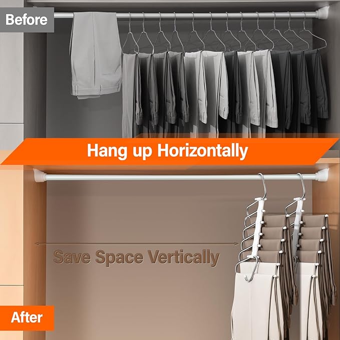 Upgraded Collapsible Pants Hangers Space Saving, 6 Layers Clothes Rack, Stainless Steel Multifunctional Closet Organizer, Non Slip Metal Hangers for Pants Jeans Skirts Trousers (4 Pack)