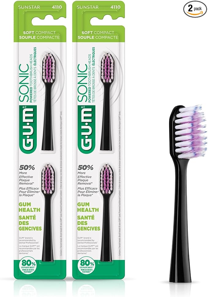 GUM Sonic Powered Toothbrush Refills, Tapered Bristles Clean Below The Gumline, Black 2ct. (Pack of 2)
